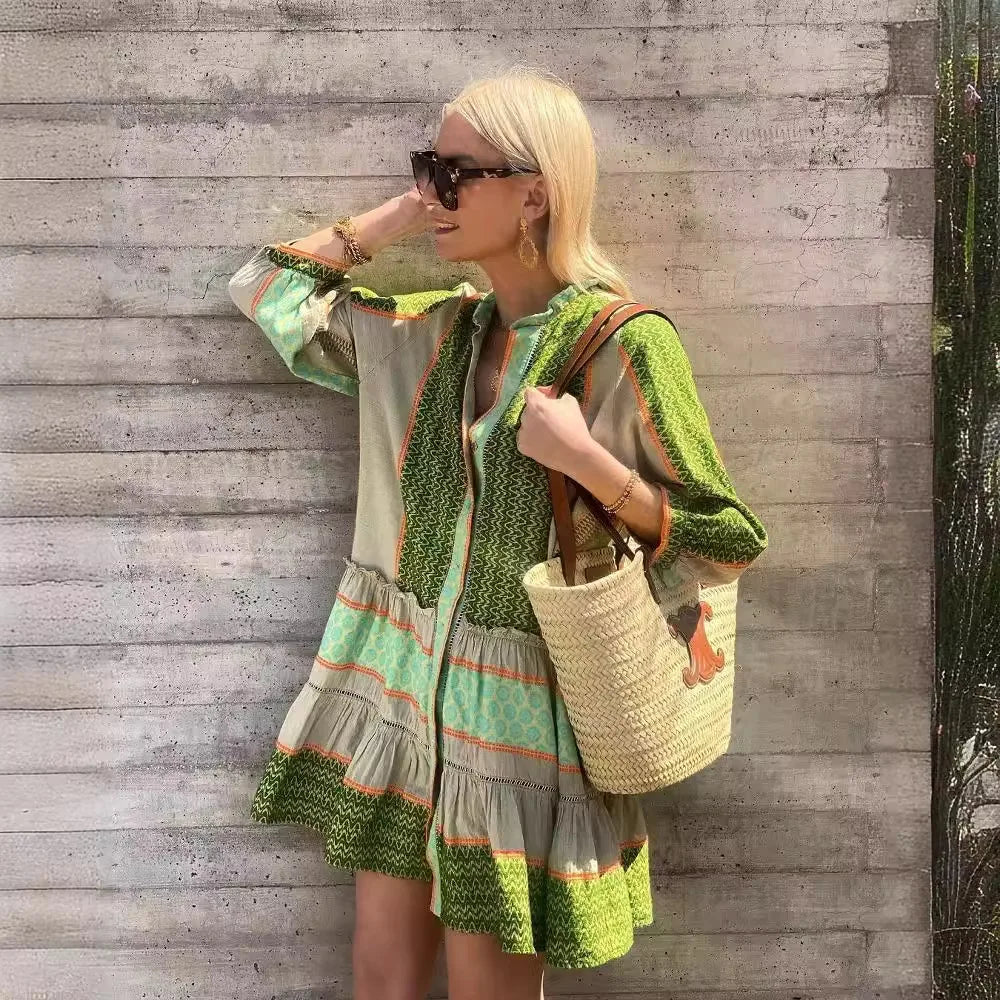 Selene | Cotton Linen Green Print Dress