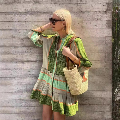 Selene | Cotton Linen Green Print Dress