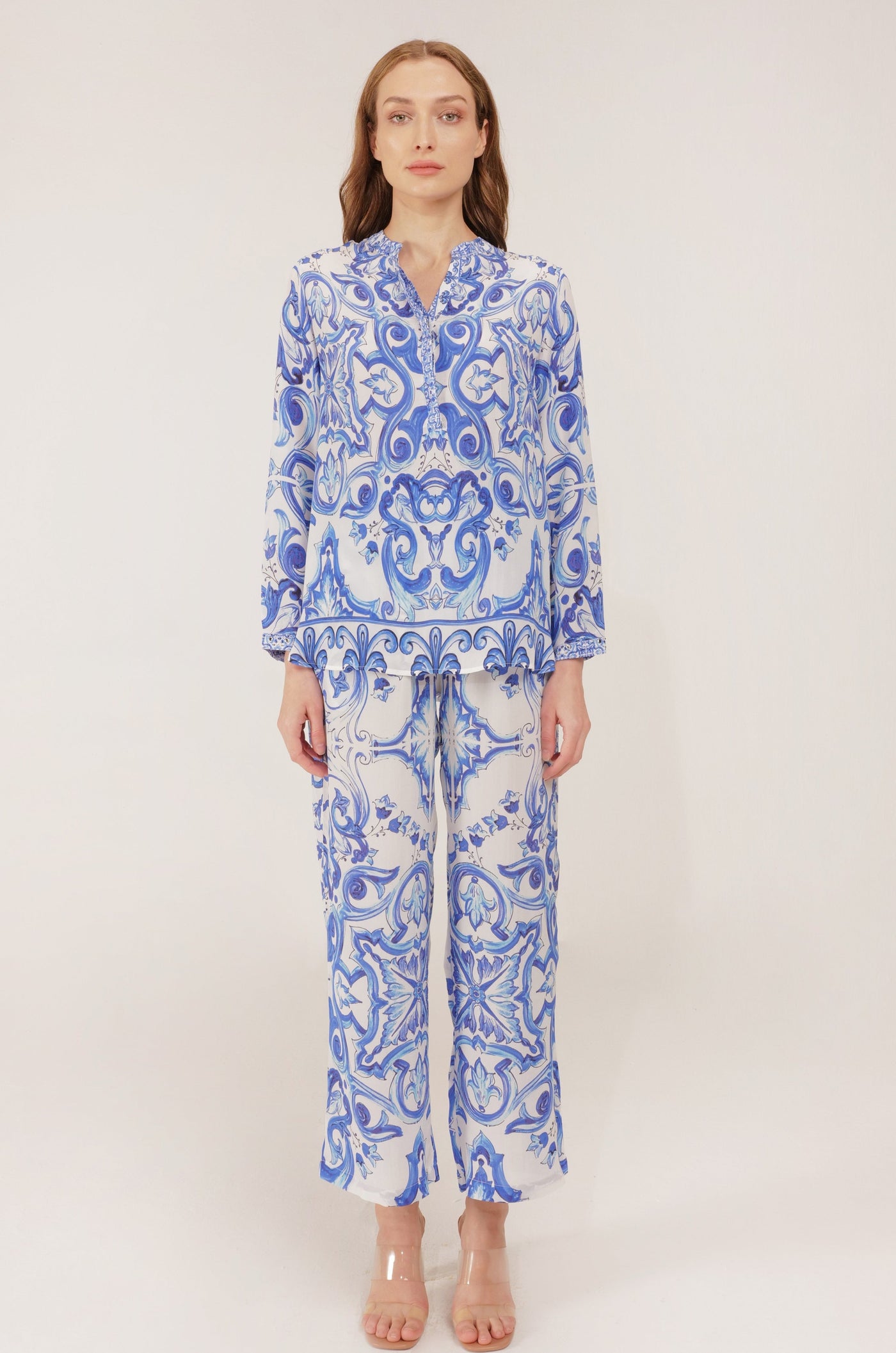 Inoa Fashion Top VANILLA Silk Shirt Venzia Print Blue & White