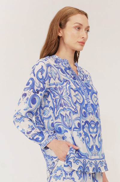 Inoa Fashion Top VANILLA Silk Shirt Venzia Print Blue & White