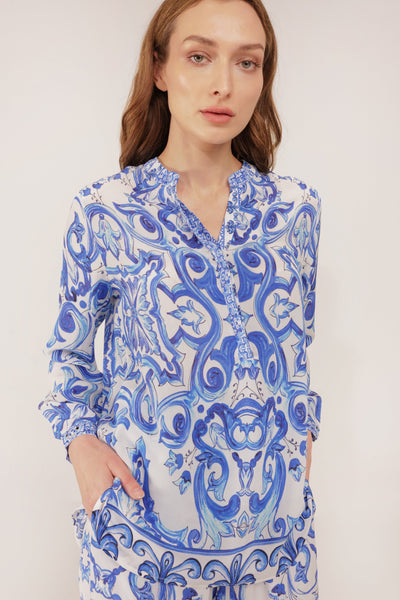 Inoa Fashion Top VANILLA Silk Shirt Venzia Print Blue & White
