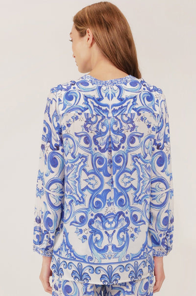 Inoa Fashion Top VANILLA Silk Shirt Venzia Print Blue & White